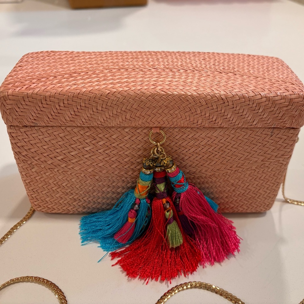 Elegant Coral Woven Clutch with Colorful Tassels - Picture 2 of 6